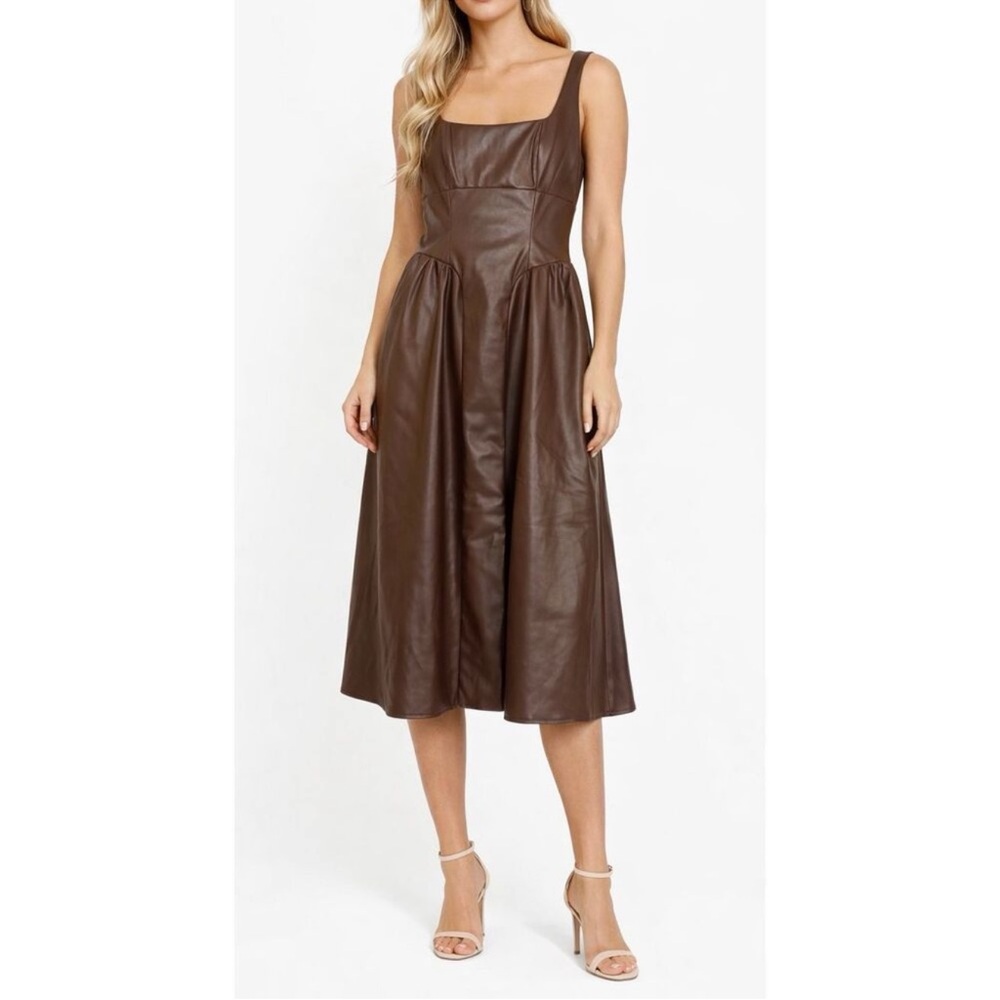 WAYF Brown Faux Leather Midi Dress - Small